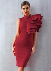 Asymmetrical Ruffle Shoulder Sheath Dress