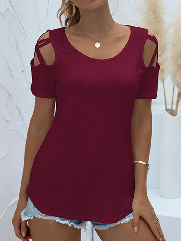 Loose Short Sleeves Hollow Solid Color Round-Neck T-Shirts Tops