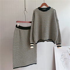 Artistic Retro Striped Knitted Skirt Women Korean Sheath Set