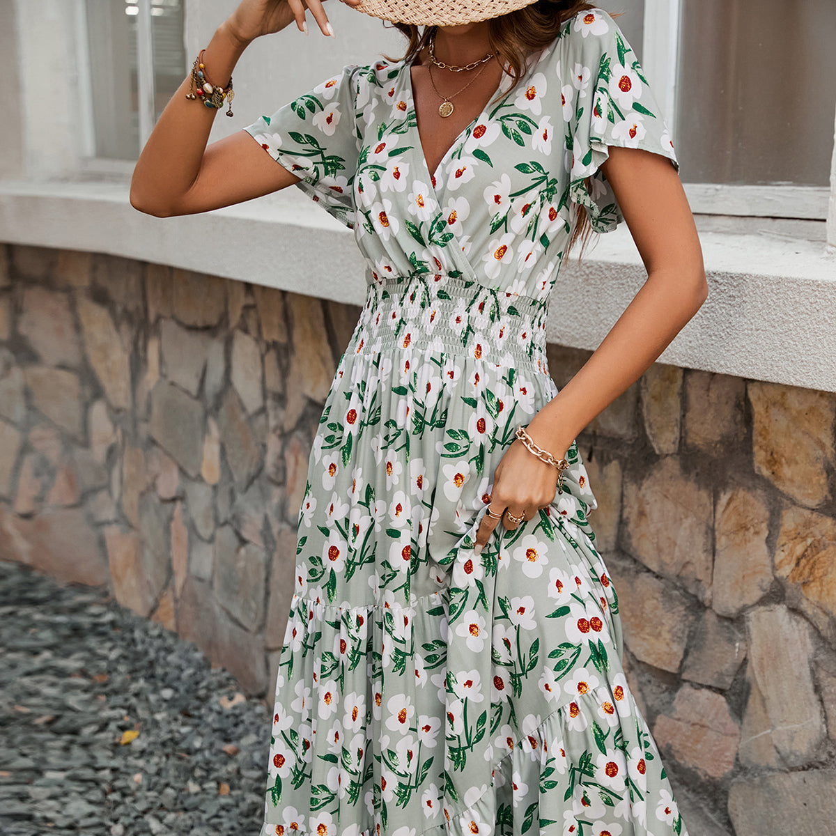 Summer V Neck Short Sleeve Rayon Printed Dress – Women’s Fashion Elegant Slimming Long Dress