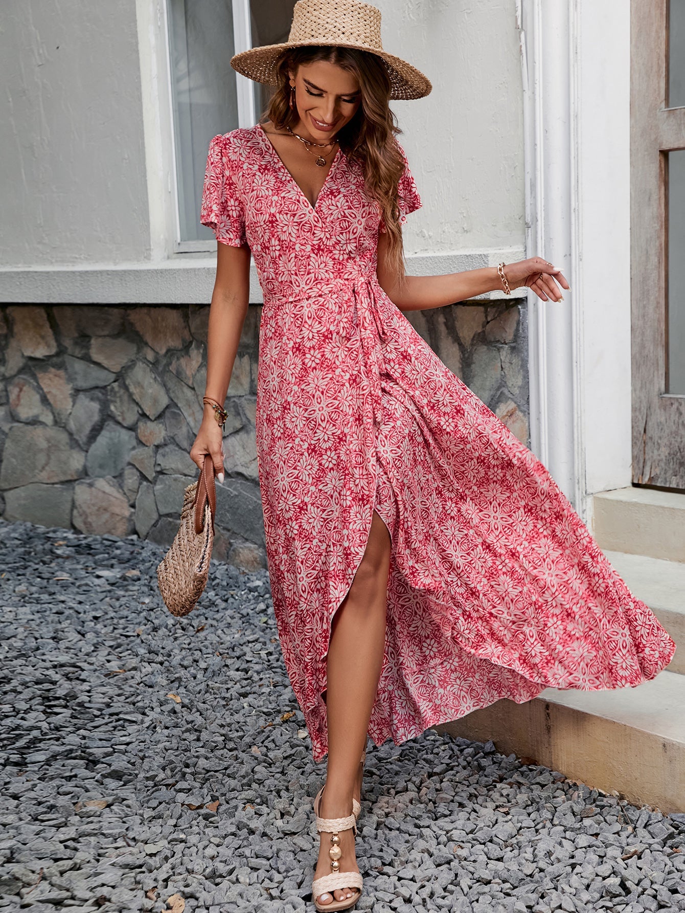 Summer Women’s V-Neck Printed Short-Sleeve Beach Holiday Dress