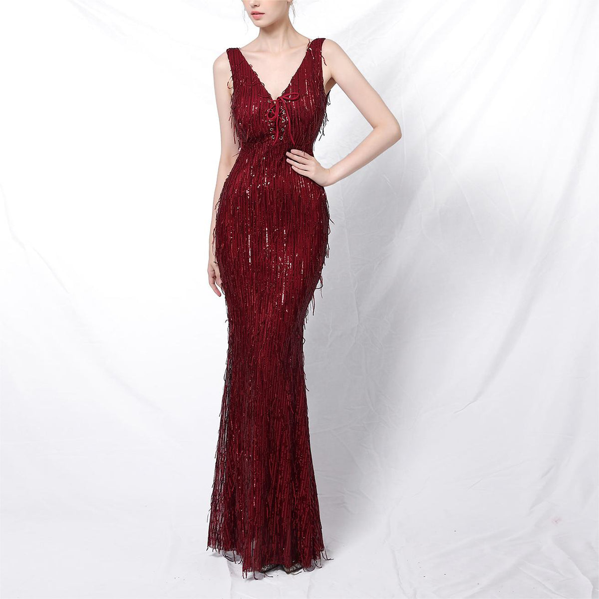 Polyester Silk Tassel Sequin Fishtail Cocktail Dress for Women