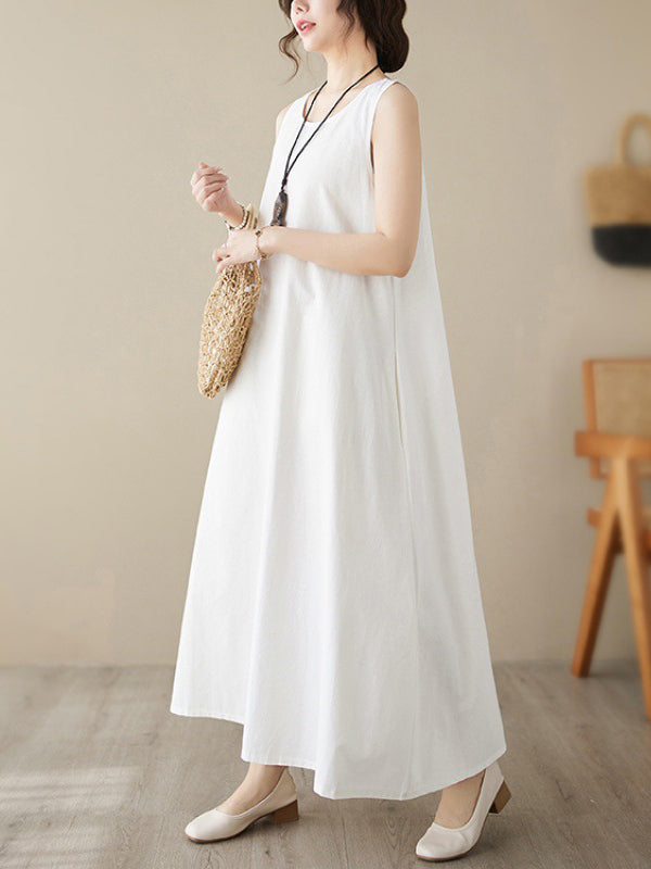 Loose Sleeveless Solid Color Round-Neck Midi Dresses