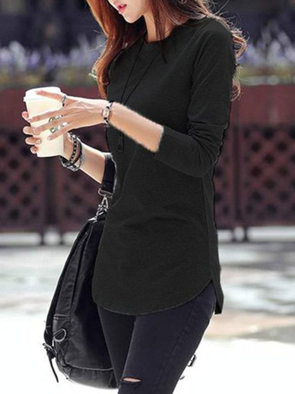 Long Sleeves Solid Color Round-Neck T-Shirts Tops