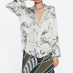 Spring Summer Women Silk Satin Textured Printed Shirt – Floral Print Blouse