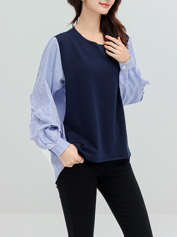 Urban High-Low Long Sleeves Striped Falbala Split-Joint Round-Neck T-Shirts Tops