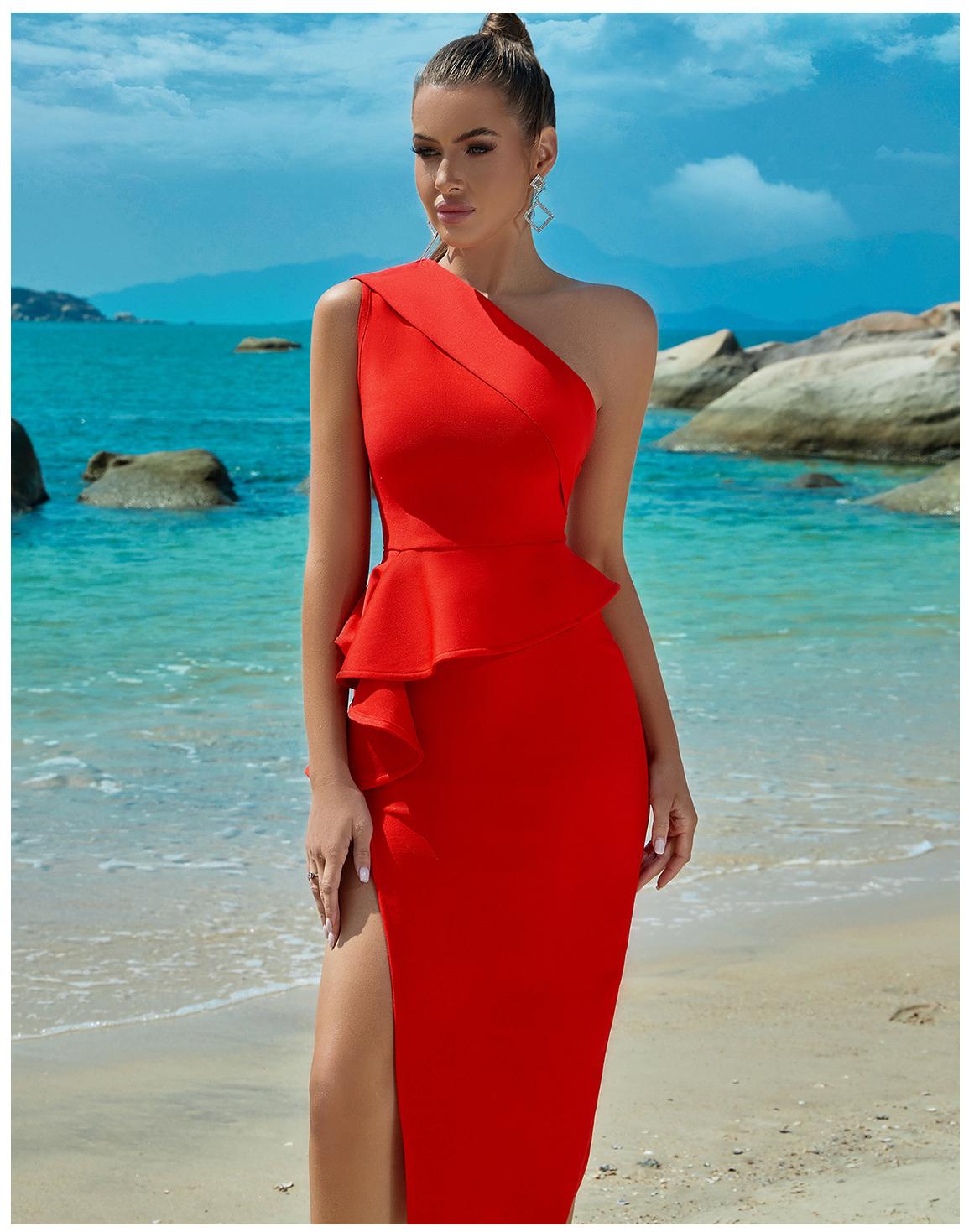 Bandage Dress Evening Dress – One Shoulder Ruffled Slit Party Dress for Summer