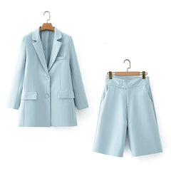 Spring Single Breasted Women Blazer Neutral Shorts Set – Chic and Versatile Style