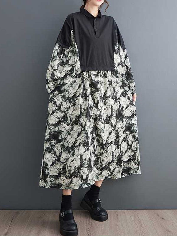 Long Sleeves Loose Buttoned Printed Split-Joint Lapel Midi Dresses