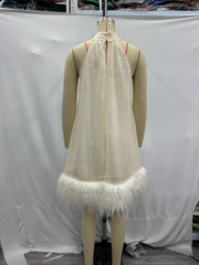 Spring Women Hem Furry Sequ Halterneck Dress