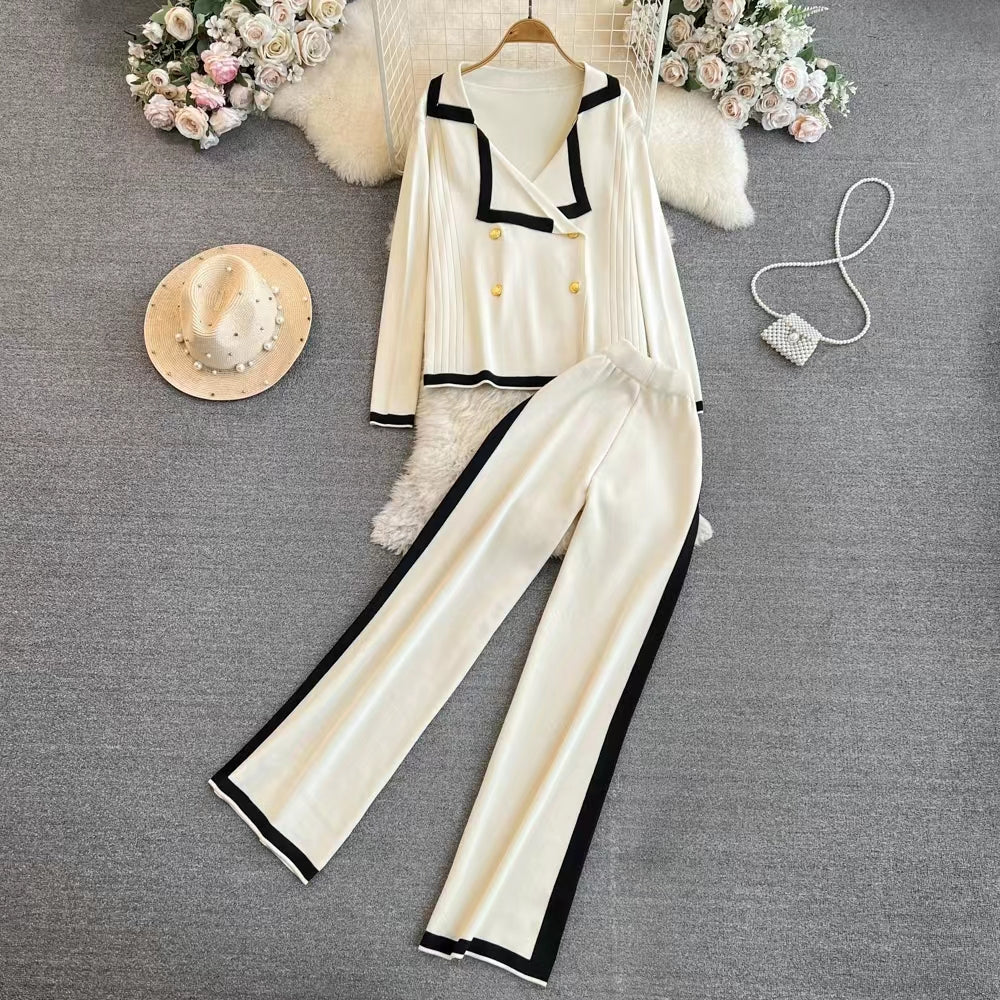 Women Spring and Autumn Chanel Style Fashion suit Long sleeved Contrast V neck Knitted Cardigan High Waist Straight Wide Leg Pants Knitted suit