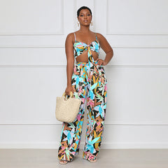 Summer Printed Sexy Strap Tube Top Cropped Women Clothing Casual Wide Leg Pants Suit