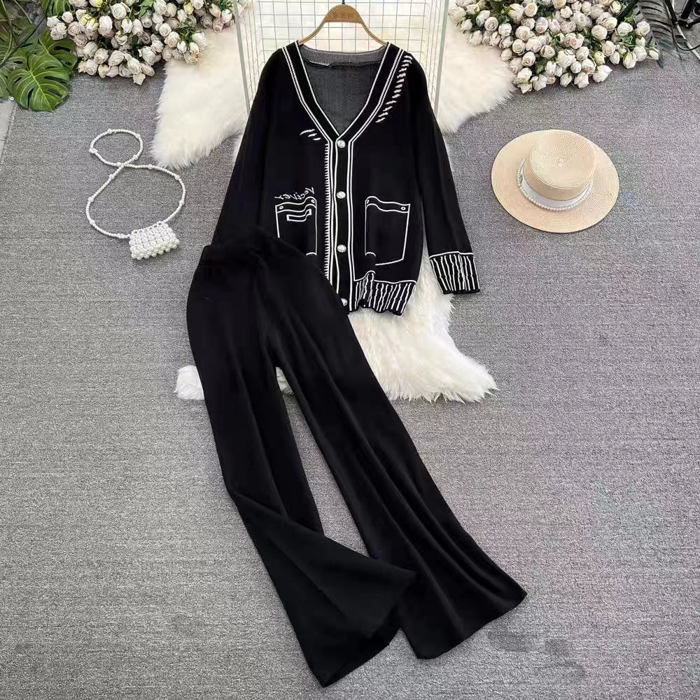 Long Sleeve V Neck Jacquard Knitted Sweater Jacket Two Piece Casual High Waist Wide Leg Pants