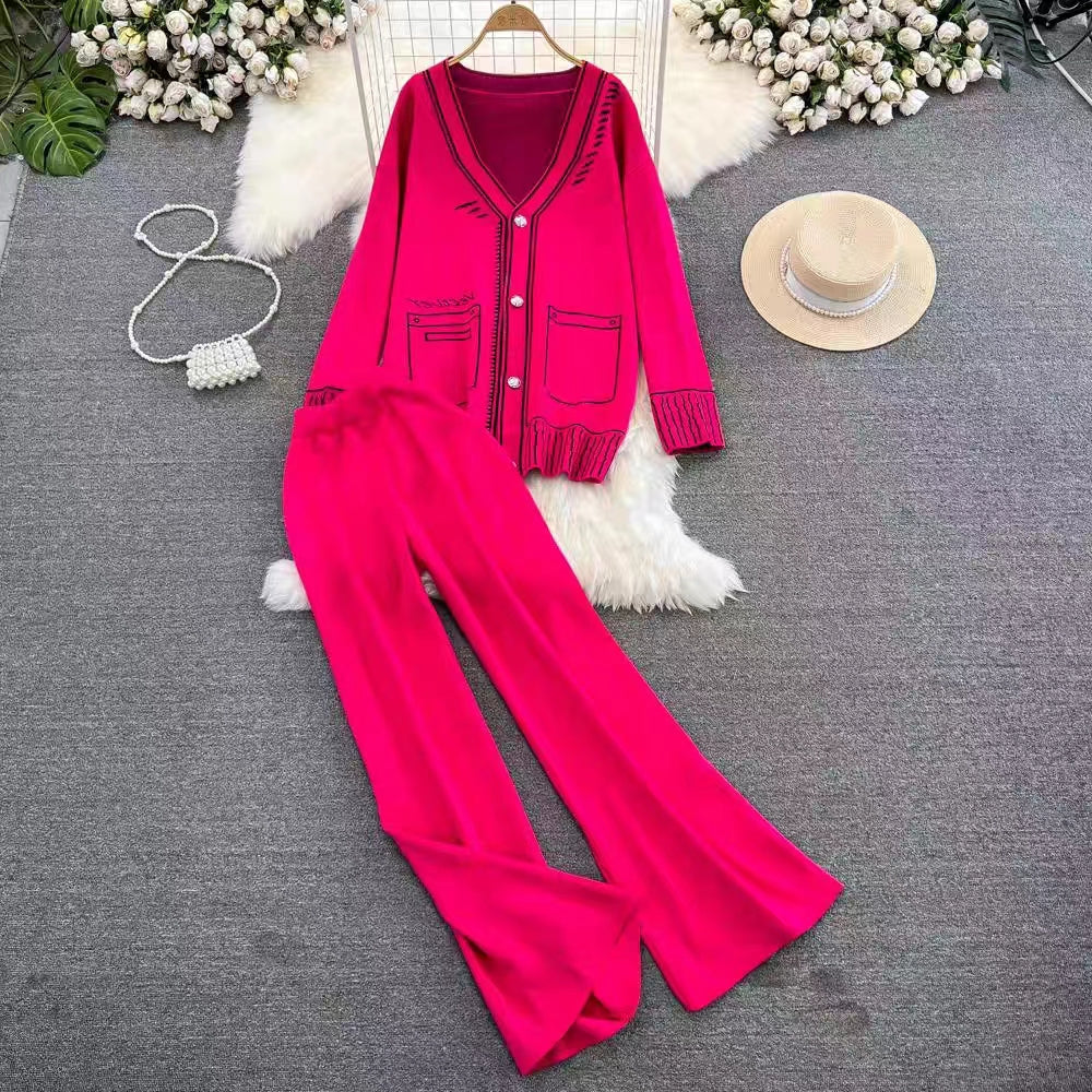 Long Sleeve V Neck Jacquard Knitted Sweater Jacket Two Piece Casual High Waist Wide Leg Pants