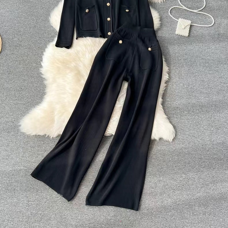 Knitted Cardigan Top Women Spring Autumn High End Sweater Jacket High Waist Slimming Wide Leg Pants suit