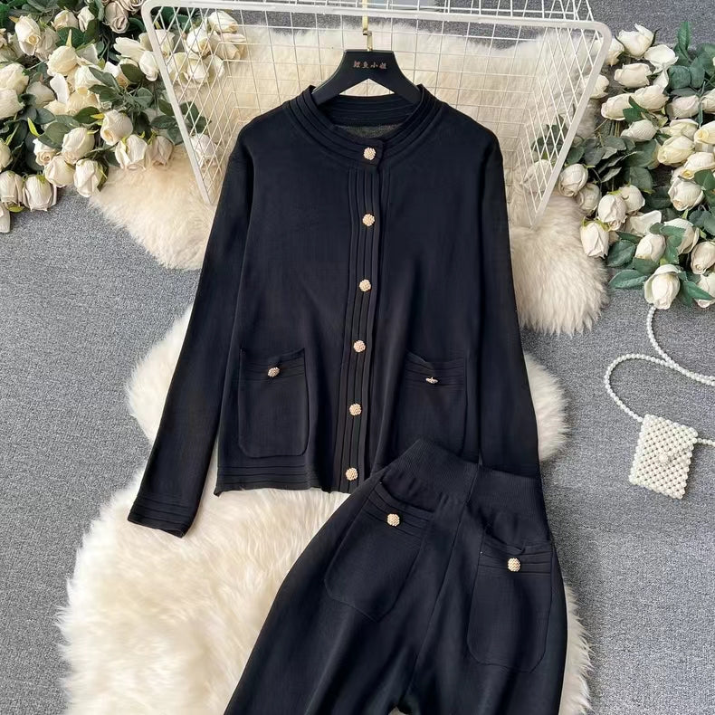 Knitted Cardigan Top Women Spring Autumn High End Sweater Jacket High Waist Slimming Wide Leg Pants suit