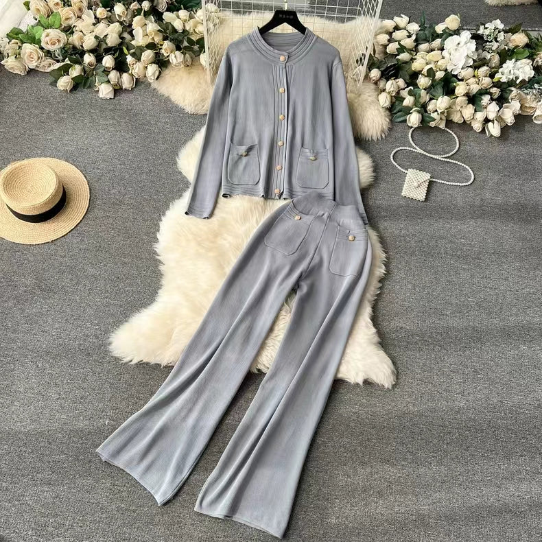 Knitted Cardigan Top Women Spring Autumn High End Sweater Jacket High Waist Slimming Wide Leg Pants suit