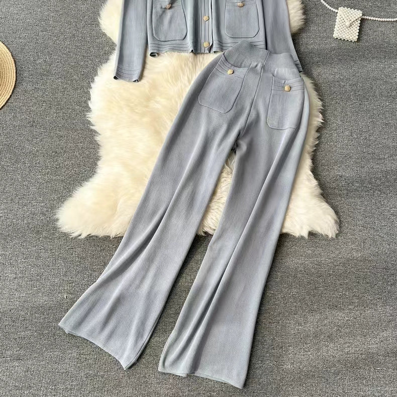 Knitted Cardigan Top Women Spring Autumn High End Sweater Jacket High Waist Slimming Wide Leg Pants suit