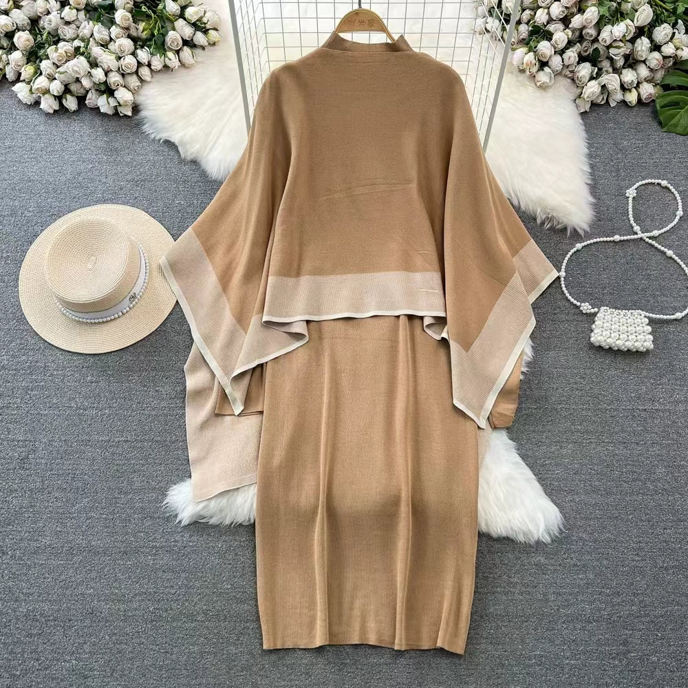 Spring Autumn Shawl Knitted Sweater Loose dress Two Piece Casual Jacket Knitted Suit Women