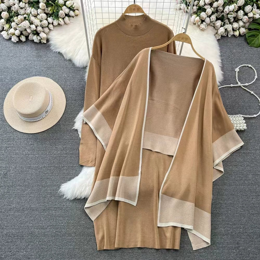 Spring Autumn Shawl Knitted Sweater Loose dress Two Piece Casual Jacket Knitted Suit Women