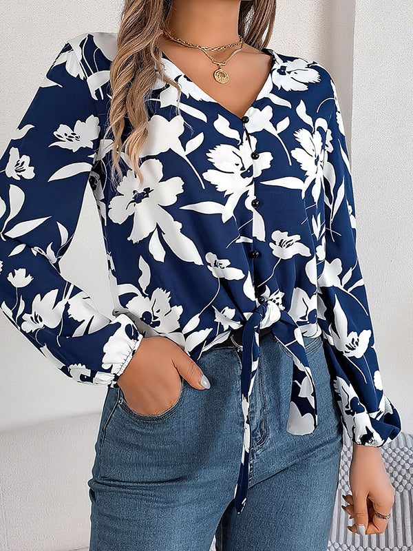 Long Sleeves Loose Buttoned Elasticity Flower Print Tied V-Neck Blouses&Shirts Tops