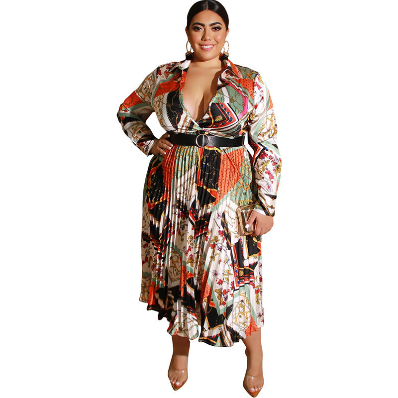 Plus Size Maxi Dress Autumn Winter Printing Pleated Satin Deep V Plunge Plunge Sexy Dress with Belt Women Clothes