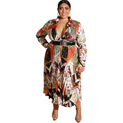 Plus Size Maxi Dress Autumn Winter Printing Pleated Satin Deep V Plunge Plunge Sexy Dress with Belt Women Clothes