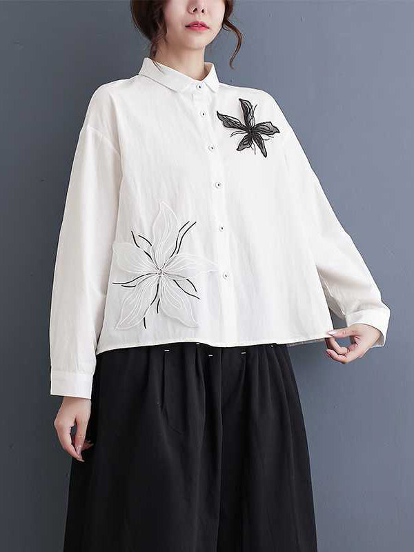 Long Sleeves Loose Applique Buttoned Embroidered Lapel Blouses&Shirts Tops