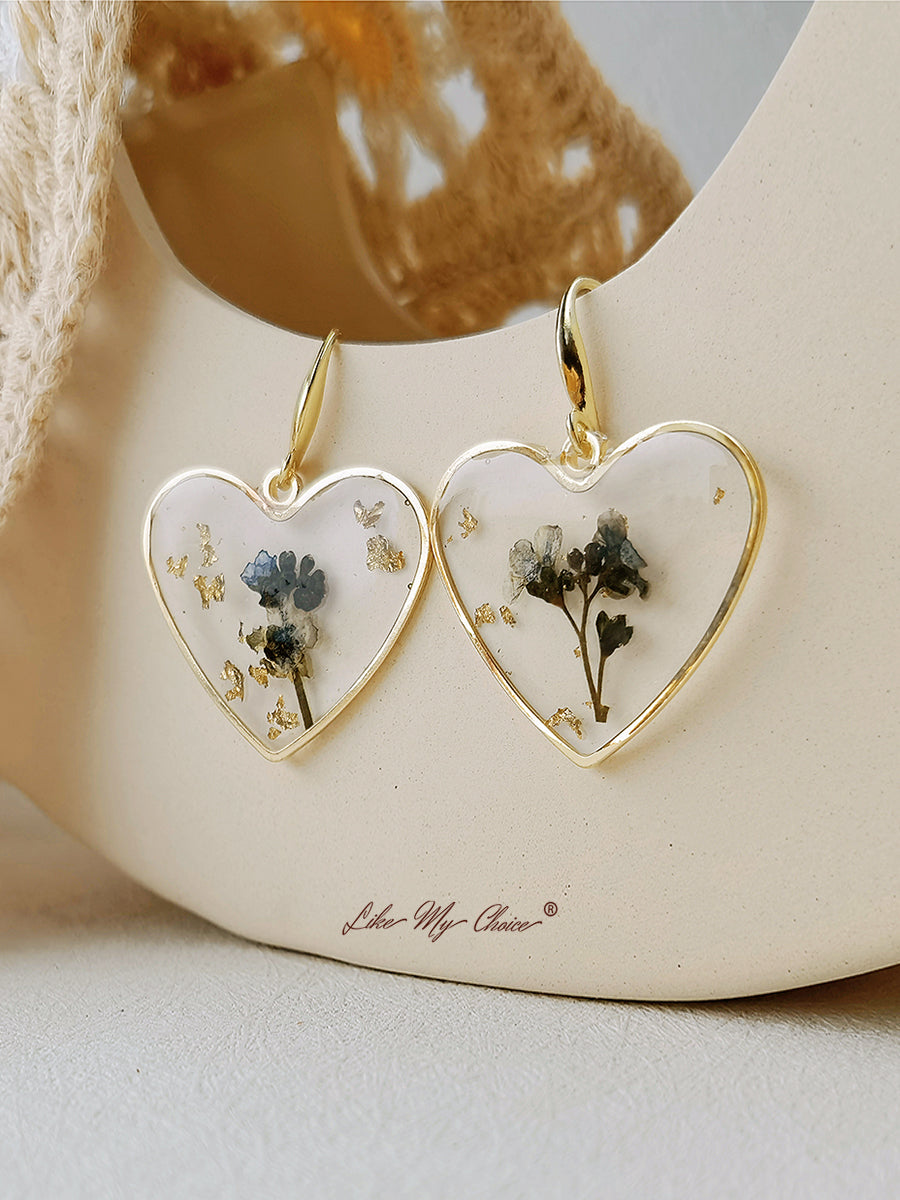 Pressed Flower Earrings - Resin Heart Dried Flower