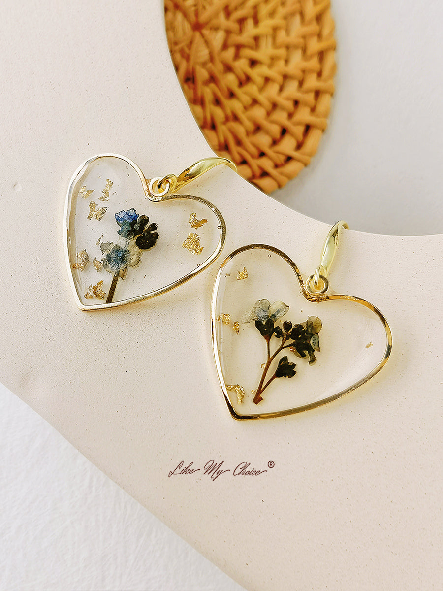 Pressed Flower Earrings - Resin Heart Dried Flower