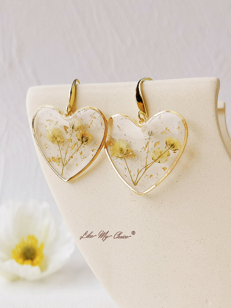 Pressed Flower Earrings - Resin Heart Dried Flower