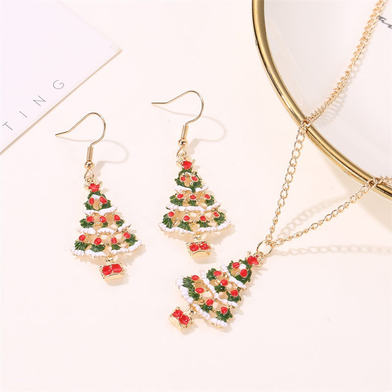 Snow Covered Hollow Christmas Tree Earrings Necklace Set