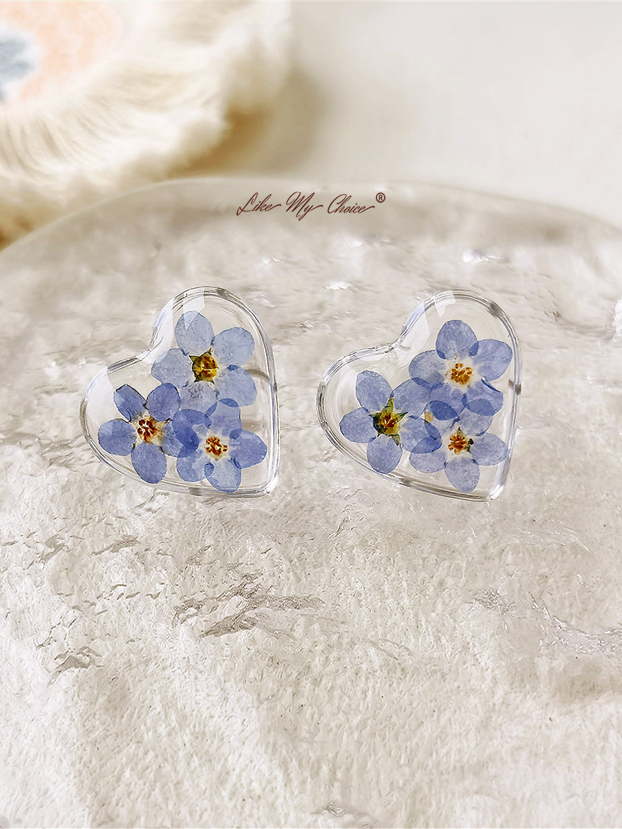 Pressed Flower Earrings - Heart Shaped Forget Me Not Flower