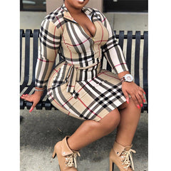 Plus Size Autumn  Women Clothes Slim Fit Tight Waist Hip Plaid  Dress