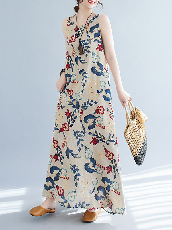 Loose Sleeveless Floral Printed Round-Neck Maxi Dresses