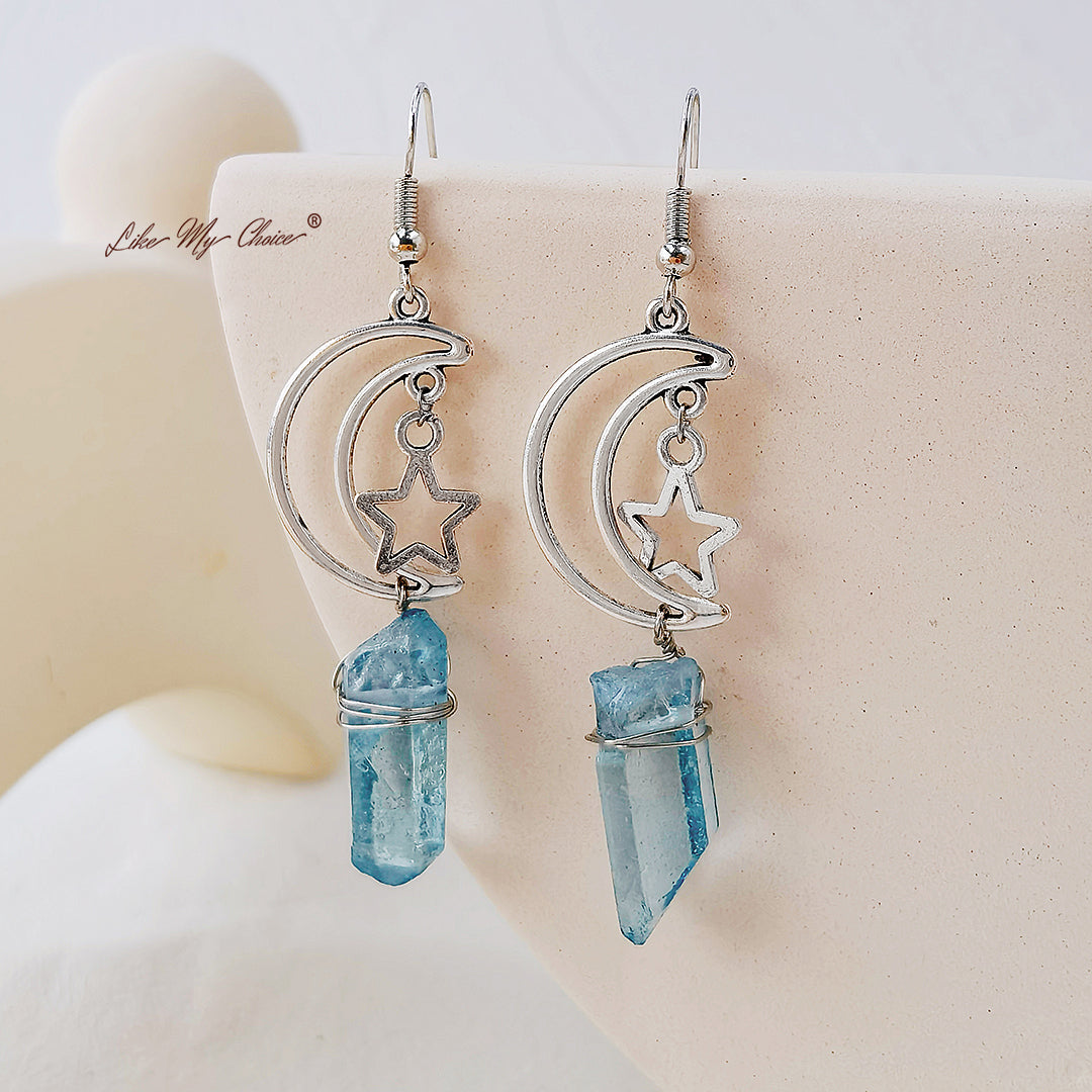 Natural Crystal Moon & Star Earrings