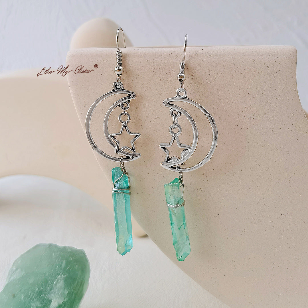 Natural Crystal Moon & Star Earrings