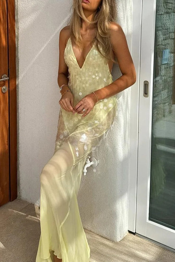 Deep V Neck Sequins Fishtail Hem Backless Gowns Slip Maxi Dresses-Yellow