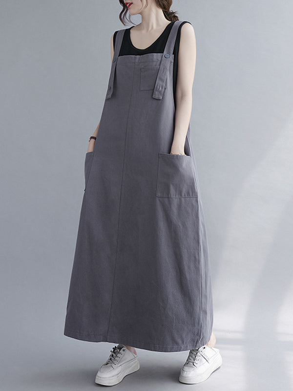 Casual Solid Color With Pocket Suspender Dress