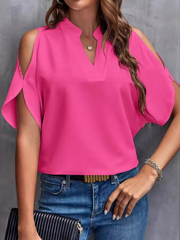 Half Sleeves Loose Hollow Solid Color Cold shoulder T-Shirts Tops