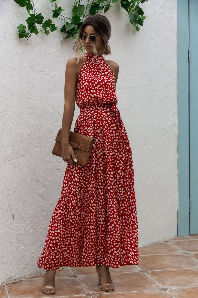 Polka Dot Printed Halter Tied Dress Dress