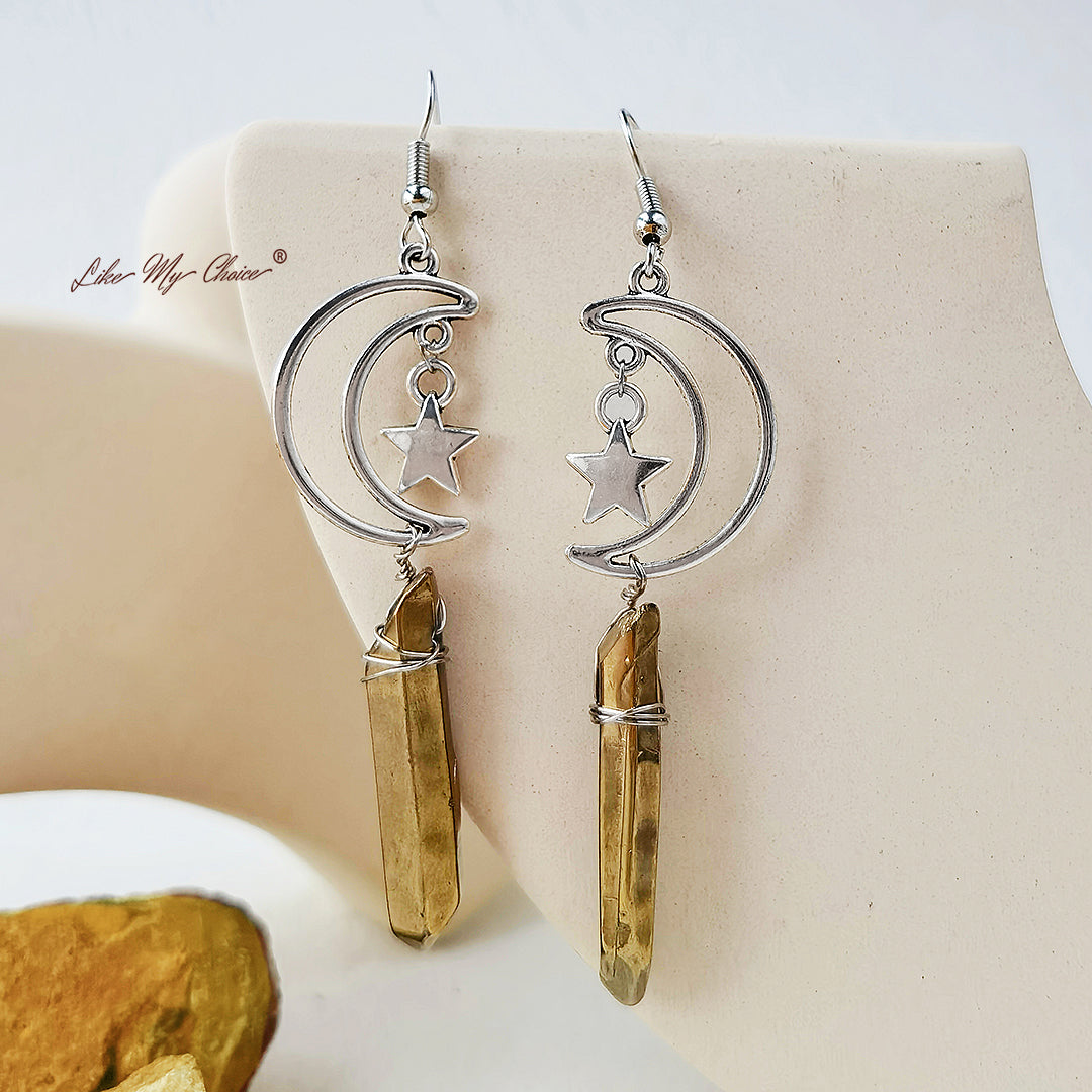 Natural Crystal Moon & Star Earrings