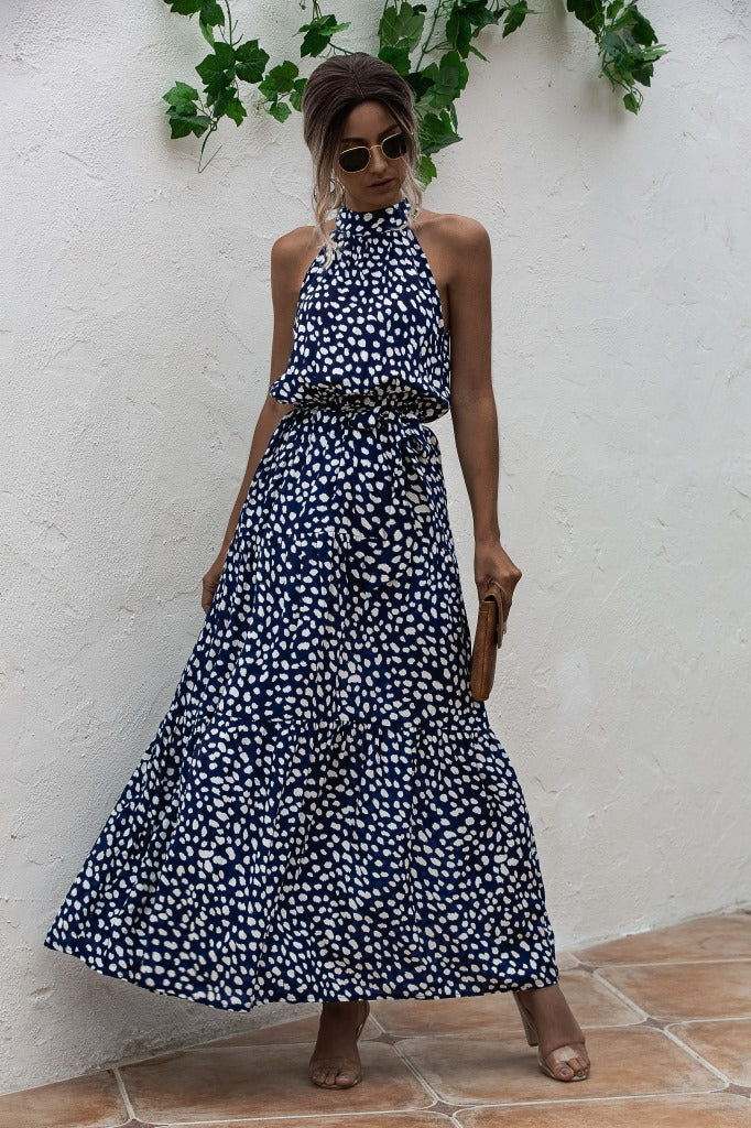 Polka Dot Printed Halter Tied Dress Dress