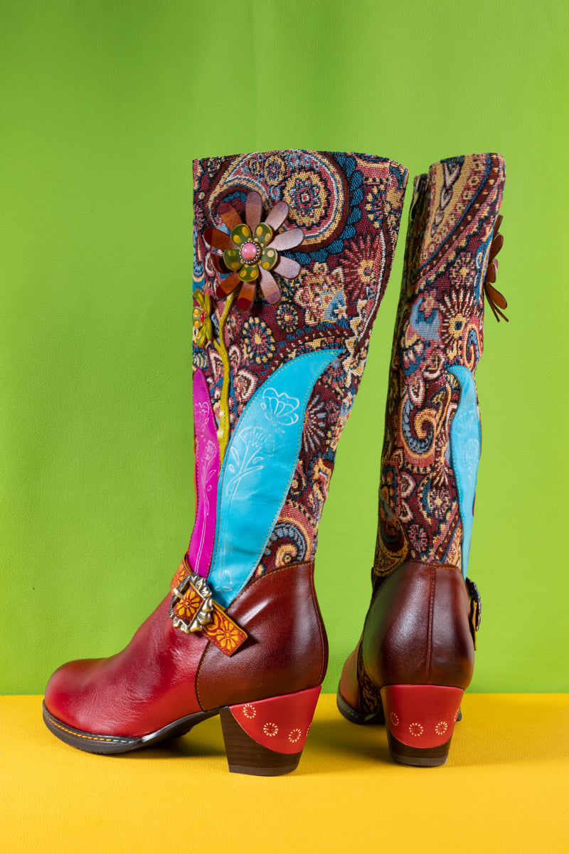 Soffia | Brycen Abstract Swirl Print Floral Applique Leather Boots