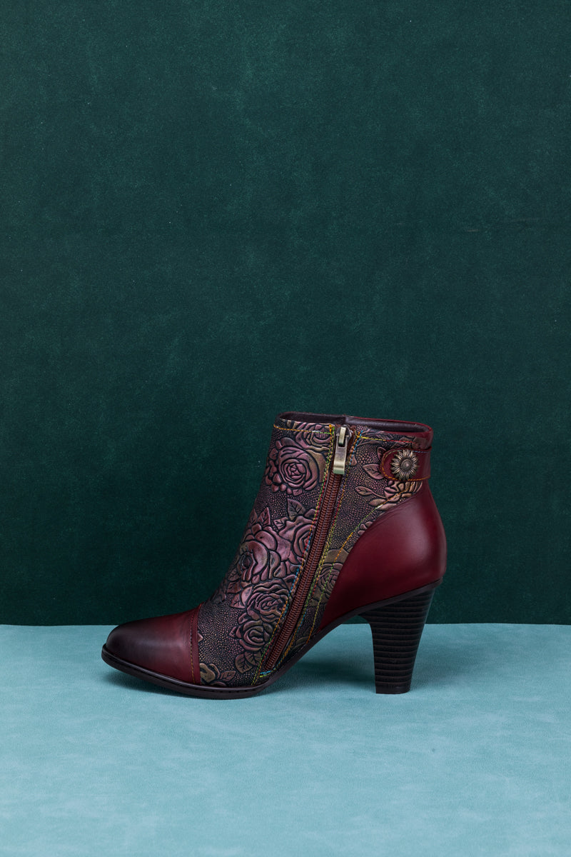 SOFFIA | FLORAL EMBOSSED METALLIC LEATHER ANKLE BOOT - CLARET