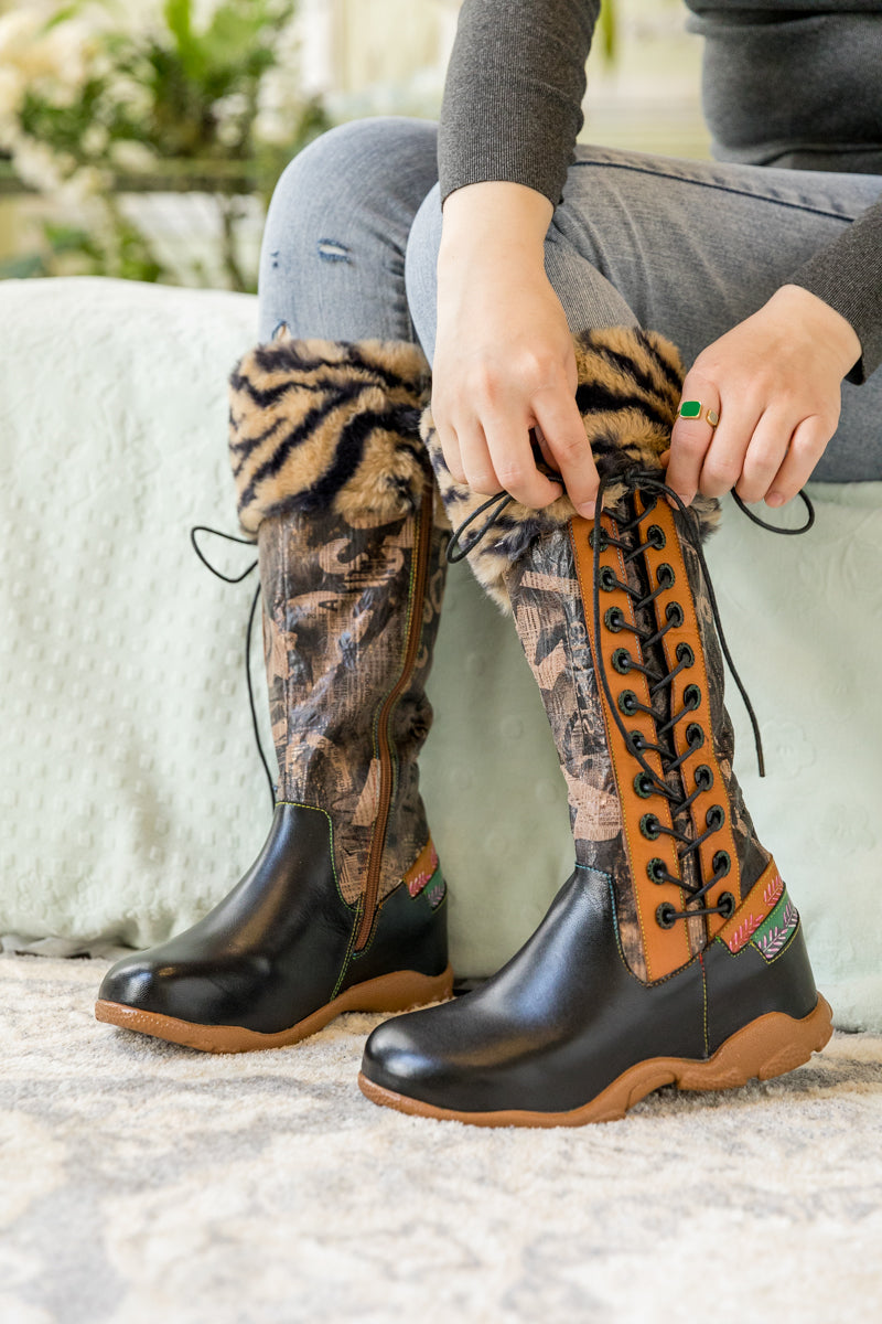 SOFFIA | TIGER PATTERN FUR CIRCUM LEATHER TIE-ACCENT BOOT