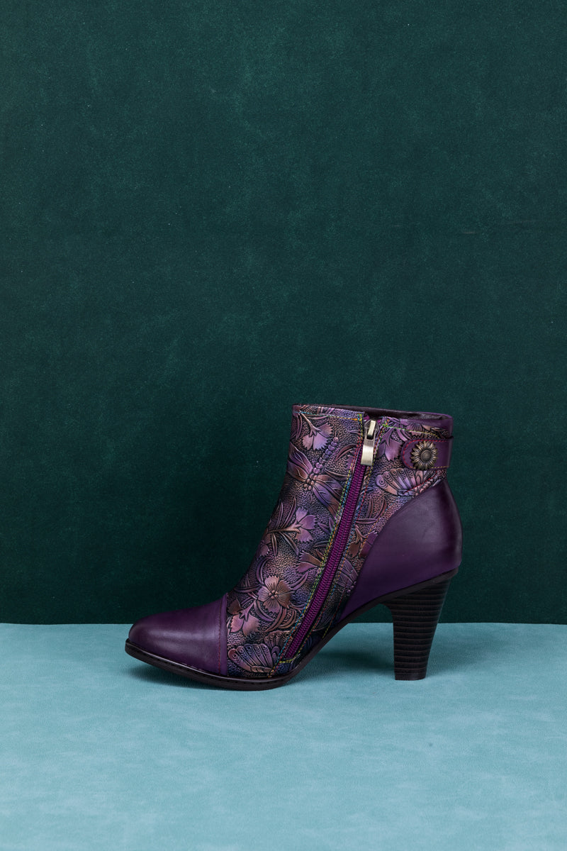 SOFFIA | FLORAL EMBOSSED METALLIC LEATHER ANKLE BOOT - PURPLE