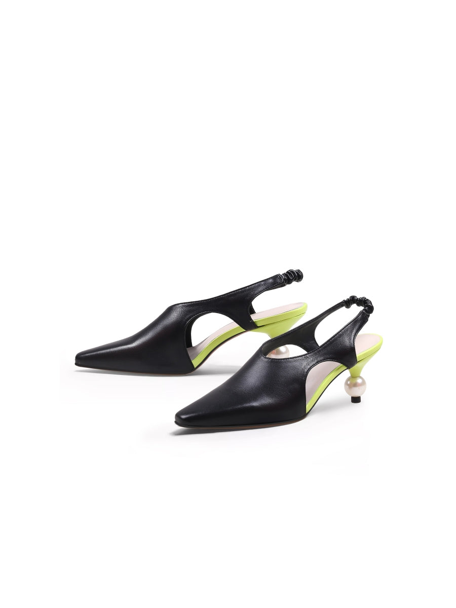 JadyRose | Pearl Heel Cut-Out Leather Black Slingback