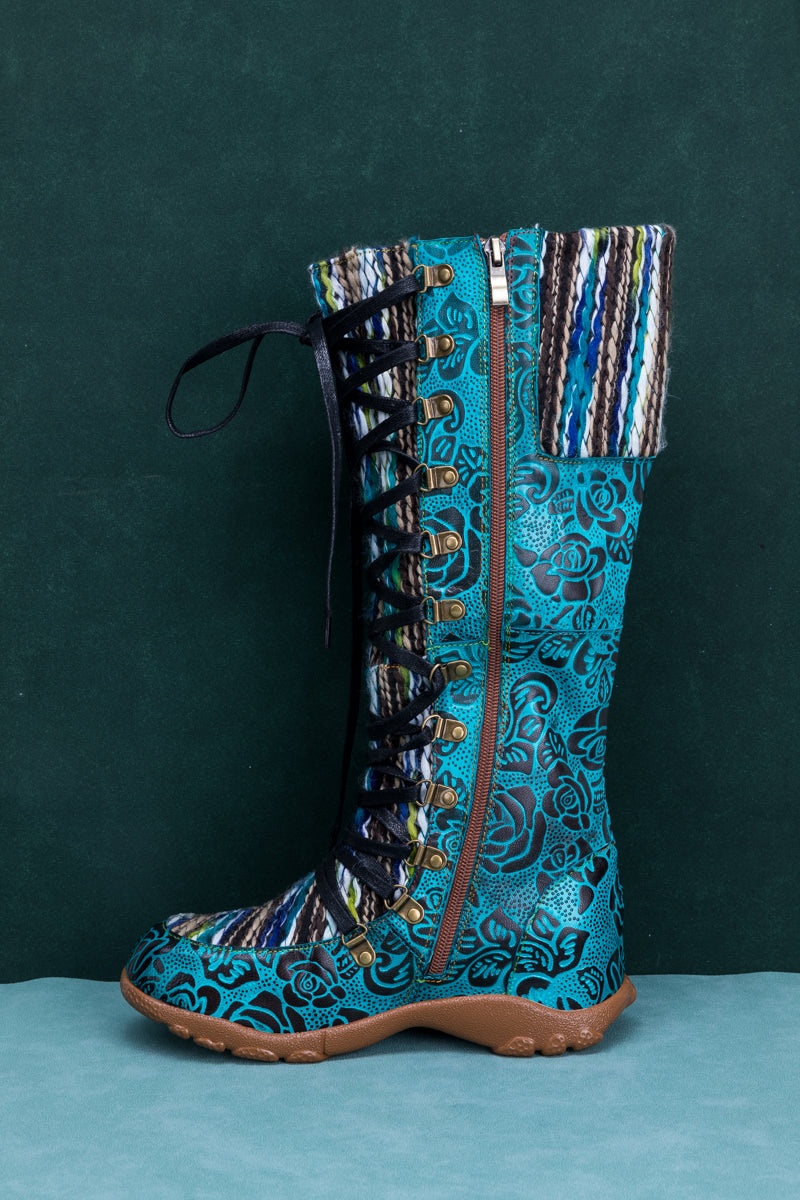 SOFFIA | ROSE EMBOSSED TEAL LEATHER TIE-ACCENT BOOT