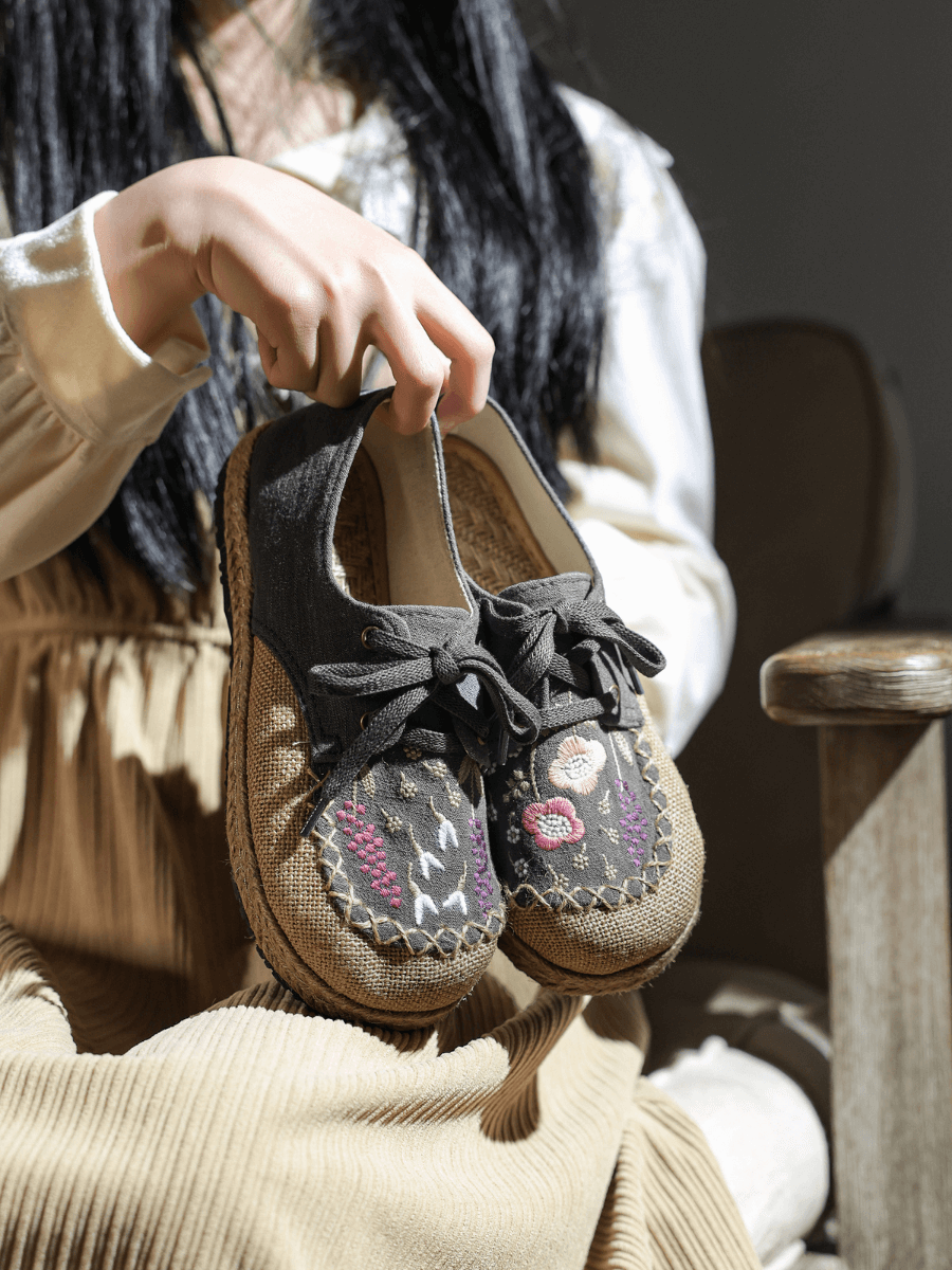 CACTUS ROSE | GARDEN EMBROIDERED LINEN ESPADRILLE SNEAKER - GREY